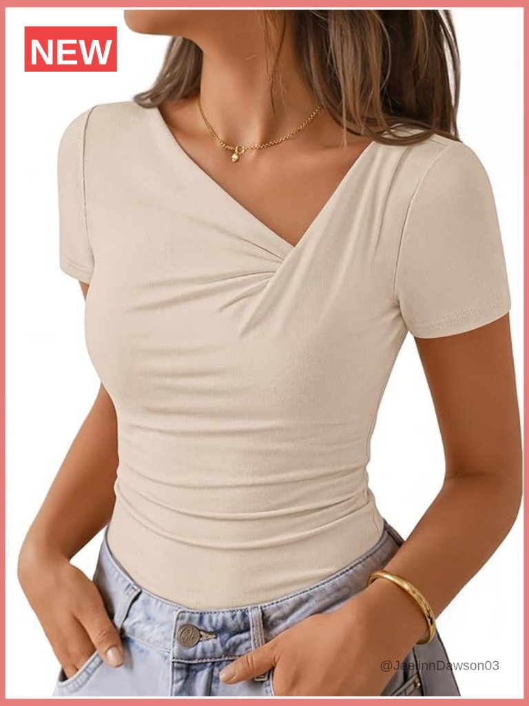 Asymmetrical V-Neck Ruched Slim Fit T-Shirt Going Out Top